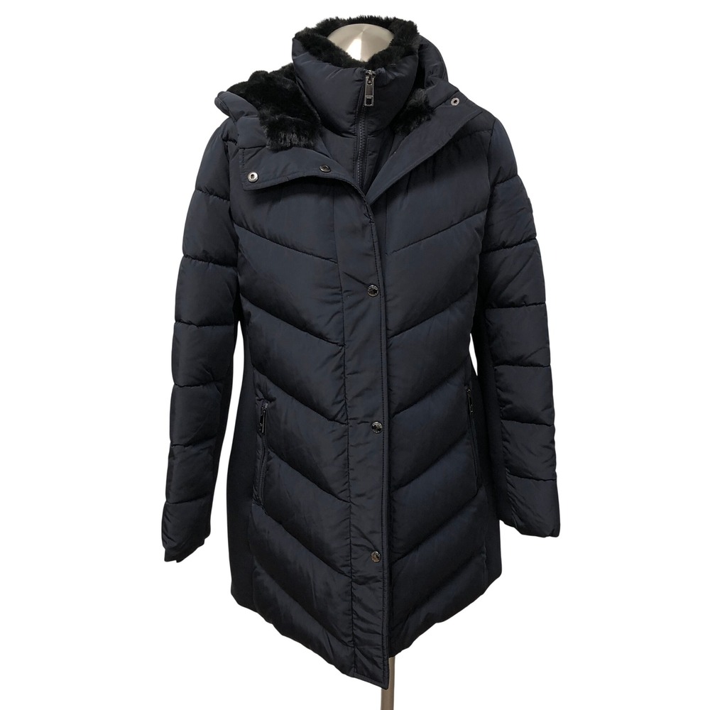 Andrew Marc Puffer Jacket Womens Medium Navy Blue Faux Fur Hood Quilted Zip